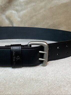 Calvin Klein Genuine Black Leather Women’s Double-Prong Belt with Silver Buckle